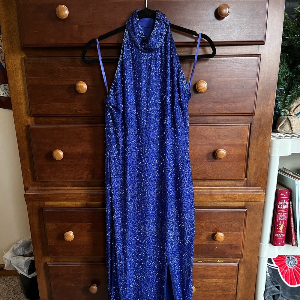 Black Tie Oleg Cassini Blue Beaded Halter Long Slit Formal Prom Dress size 6